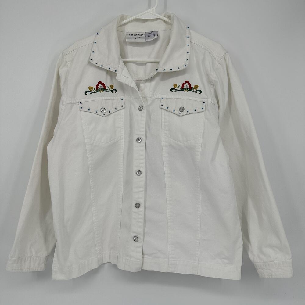 Michael Simon Jacket Womens XL White Embroidered Floral Bird Beaded Studded